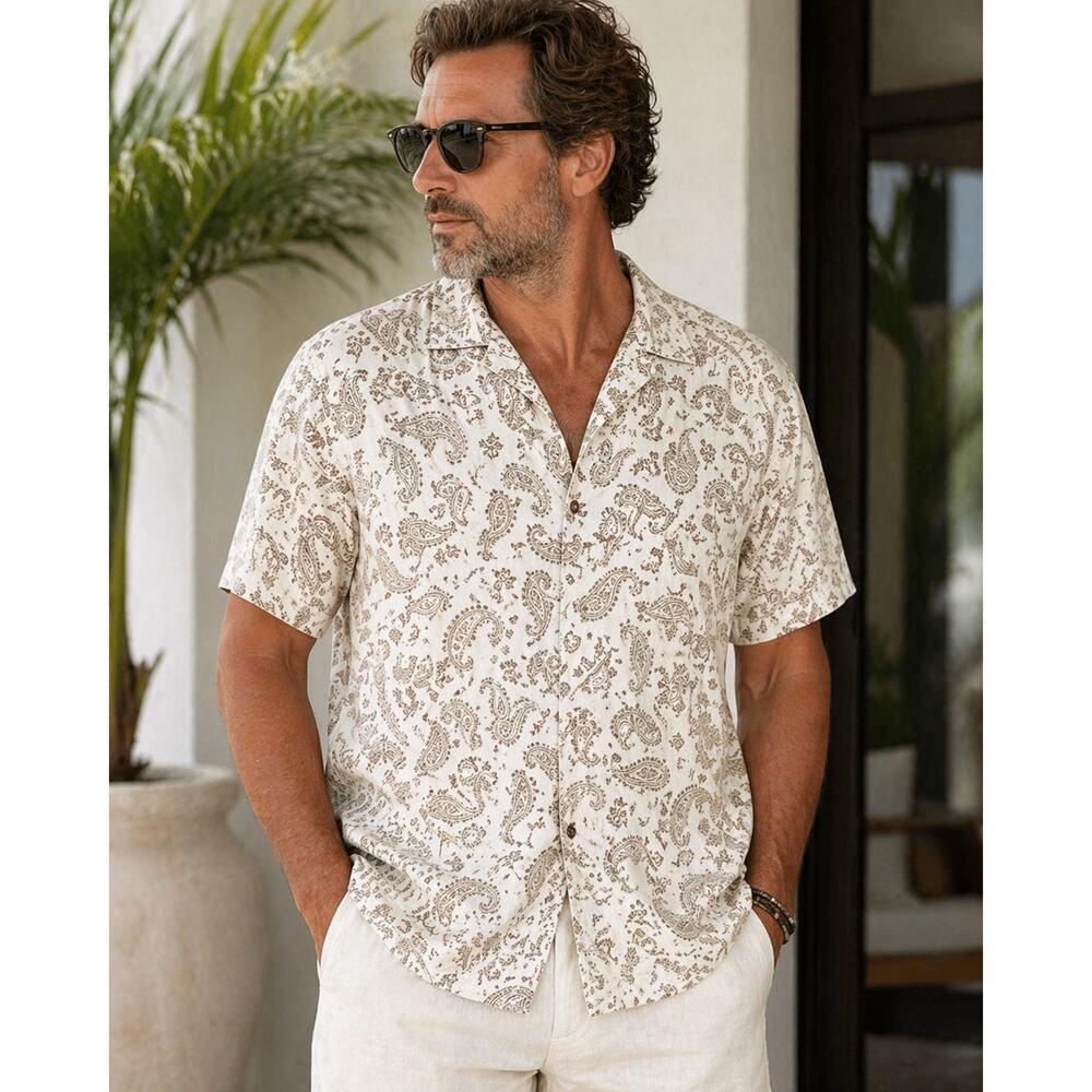 Club Room Luxury Silk Blend Paisley Shirt XXL Neutral Short Sleeve Button Up